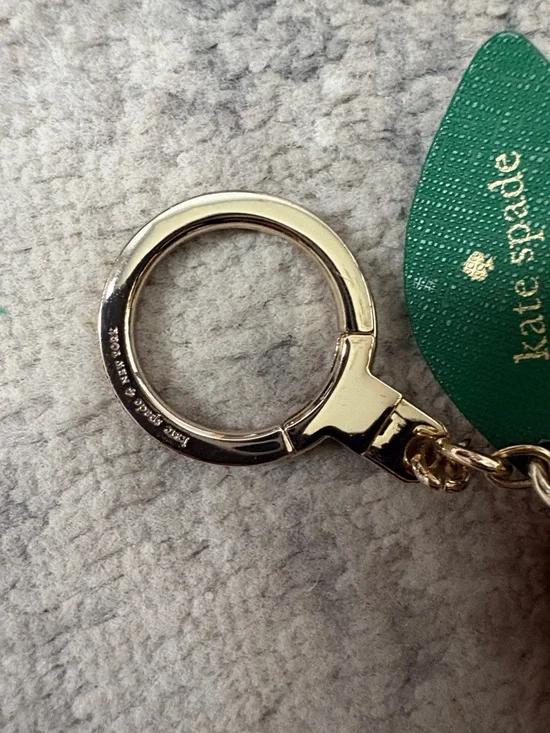 Kate Spade Gold Ring Keychain with raffia lemon and green leather Logo Tag - Picture 2 of 5